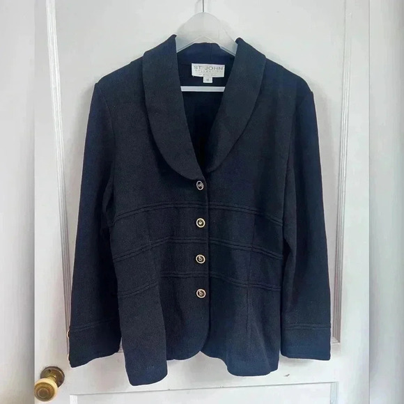 St. John Collection Black Santana Knit Collared Blazer with Gold Details Size 10 - Picture 1 of 4
